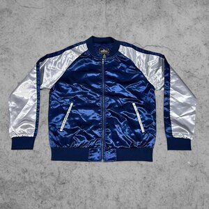 UPSCALE Blue & Silver Varsity Bomber Jacket, Size XL